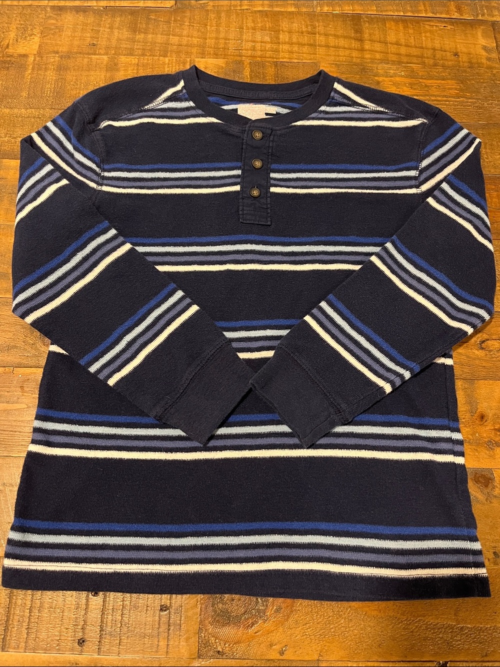 Boy’s Cat & Jack Navy Striped Cotton Henley Long-Sleeve Shirt ~ Sz. Med